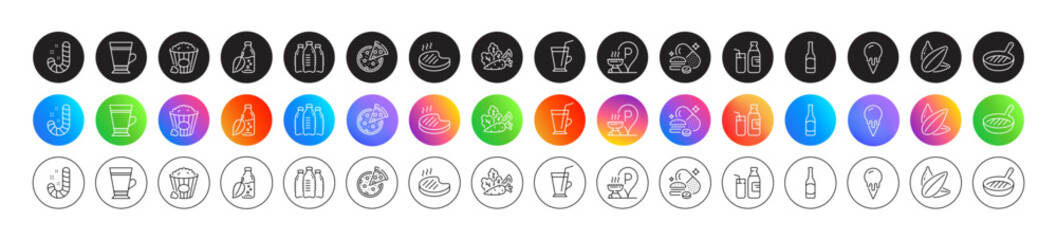 Fototapeta premium Grilled steak, Ice cream and Milk line icons. Round icon gradient buttons. Pack of Water bottles, Grill place, Pizza icon. Vegetables, Popcorn, Coffee cup pictogram. Vector