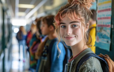 A non-binary teen stands in a school hallway, smiling while surrounded by classmates engaged in conversation and activities