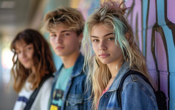 A group of non-binary teenagers stands together in a school corridor, showcasing their unique styles against a colorful mural backdrop
