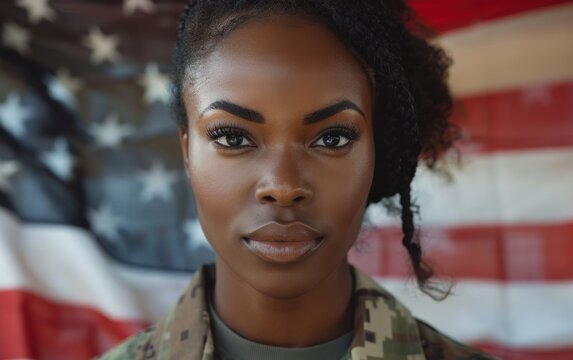 An Afro-American woman in military uniform solemnly honors Patriot Day against a backdrop of the American flag - Powered by Adobe