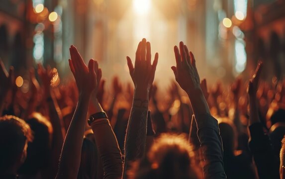 A crowd of individuals raise their hands in prayer during a spiritual event, as warm light illuminates the venue, creating a sacred atmosphere