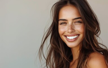 Naklejka premium A brunette woman with a warm smile and freckles enjoys a moment in soft sunlight, showcasing her natural beauty and confidence