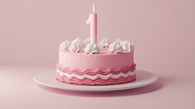 Torta di compleanno  con crema rosa, panna e una candelina accesa per festeggiare 1 anno.
