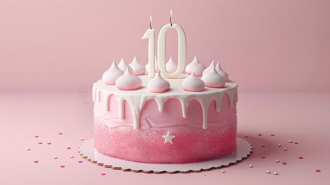 Torta di crema rosa con una candela accesa per festeggiare i 10 anni