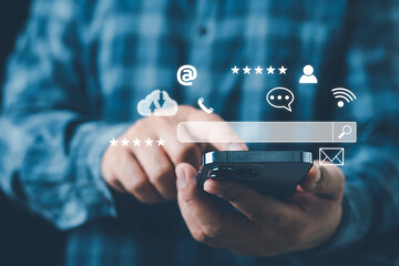 Data search technology search engine optimization concept. Man using laptop with virtual Search bar for on website online. SEO search engine optimization concept. Marketing ranking traffic website.