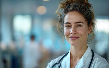 Fototapeta premium A confident doctor smiles warmly while wearing a stethoscope, embodying compassion and professionalism in a medical environment