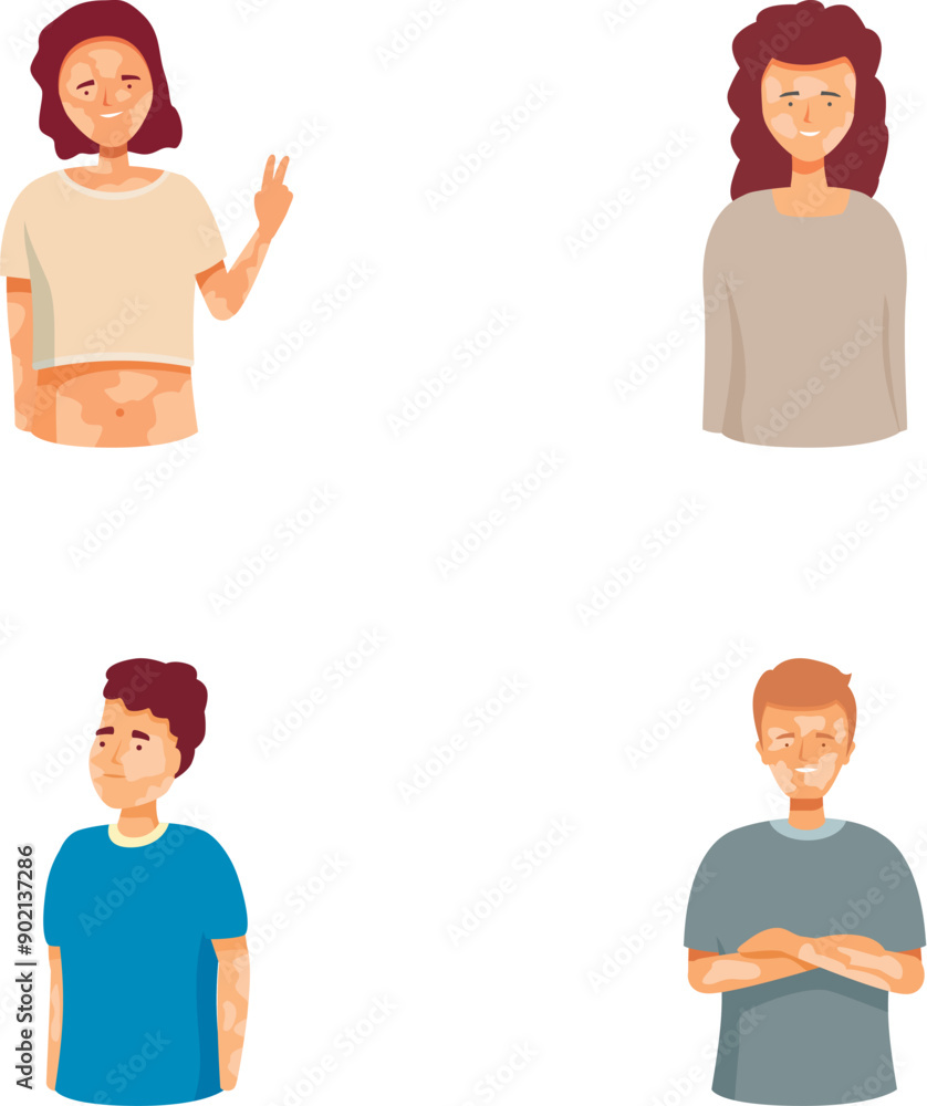Poster collection of four cartoon characters with different expressions and gestures, isolated on white