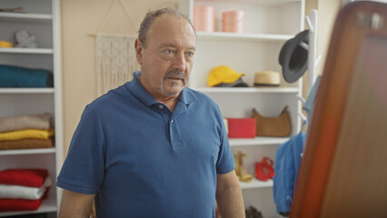 Mature bald man with moustache in blue shirt reflecting on wardrobe mirror in a well-organized room.