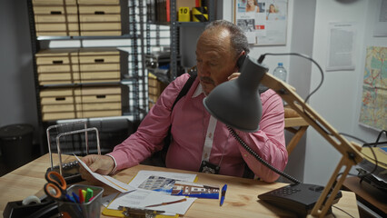 Middle-aged man with a moustache in a striped shirt and suspenders talks on the phone in a...