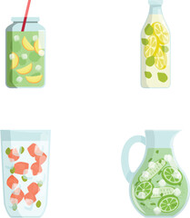 Vector illustration set featuring four summer drink containers with fruity contents