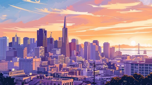 San Francisco skyline with Oakland Bay Bridge at sunset, California, USA - Powered by Adobe