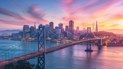 San Francisco skyline with Oakland Bay Bridge at sunset, California, USA