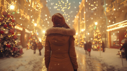 A shot from the back of a woman wearing a heavy coat walking on a festive decorated street at Christmas time while it's snowing with a big beautiful tree on the side at evening or night