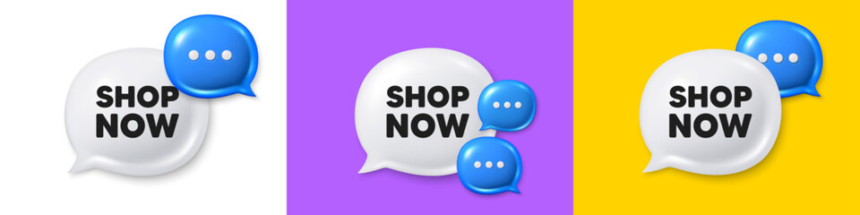Chat speech bubble 3d icons. Shop now tag. Special offer sign. Retail Advertising symbol. Shop now chat text box. Speech bubble banner. Offer box balloon. Vector