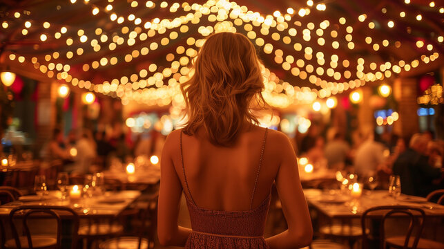 Rear view of a young blond woman standing at a beautiful festive restaurant for a private event or a party or a celebration at night