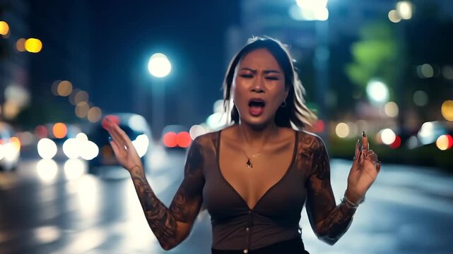 Woman jumping up and down on a street