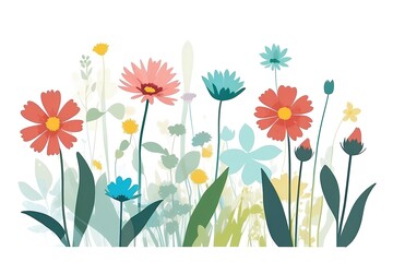 Obraz premium Blooming Meadow: A vibrant tapestry of colorful flowers and lush green foliage creates a captivating scene. This illustration evokes a sense of tranquility and growth