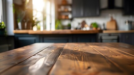 Smooth wooden table surface with an out-of-focus kitchen bench in the background, great for food blogging or recipe displays