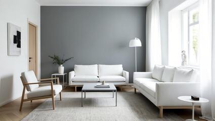 Simple but elegant design with a sleek sofa, minimalist coffee table and several pieces of art. Scandinavian minimalist aesthetic living room. 
