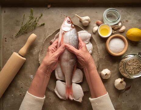 Manos de mujeres limpiando pescado en la cocina  y limpiando mazorcas 