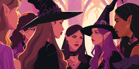 The Coven's Council: Gathering of Witches to Share Knowledge and Wisdom - Picture a scene where a coven of witches gathers to discuss magical lore, share knowledge, and pass down traditions