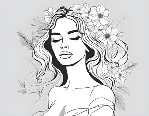 Fototapeta premium Line Art Drawing of Woman with Flowers. Female Floral Silhouette Line Art Vector Illustration