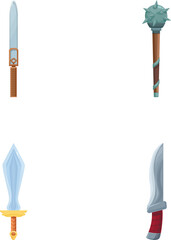 Collection of four detailed fantasy weapon icons including swords and mace
