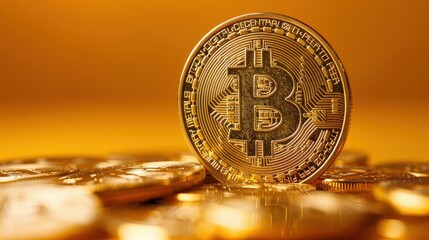 Bitcoin Cryptocurrency Trading Investment Concept Showcased With Gold Coins in a Bright Orange Background. Generative AI