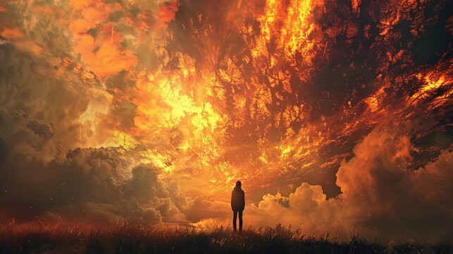 The portrait of an older man is surrounded by flames. The fire burns against a black background.