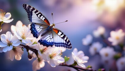 Obraz premium A butterfly is flying on the white flowers of cherry blossoms, with a blurred purple background and foreground blur effect