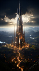 A futuristic city with a towering skyscraper and winding road, set against a dramatic cloudy sky and mountainous landscape.