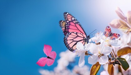 Naklejka premium Beautiful spring background with flying butterflies and blooming flowers on a blue sky background. Spring concept