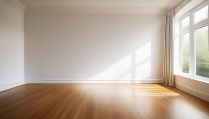 Fototapeta premium Photo of an empty room with white walls and a wooden floor