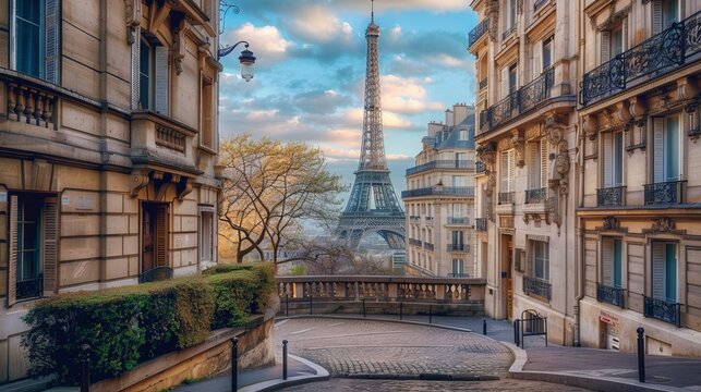 Eiffel Tower at sunset in Paris, France. Romantic travel background