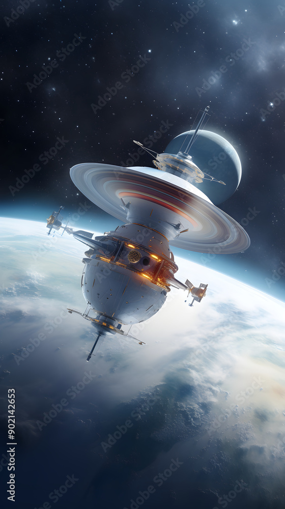 Poster a futuristic space station orbits a planet with a ring system, illuminating the clouds with its glow