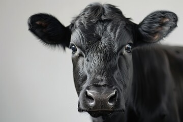 Close-up of a black cow's face, looking directly at the camera.