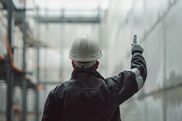 Construction Worker Pointing Upward in Hard Hat