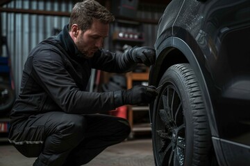Mechanic Inspecting Tire Pressure