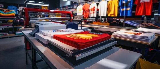 Modern printing machine with t-shirt at printshop