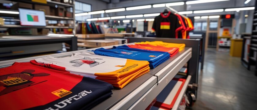 Modern printing machine with t-shirt at printshop