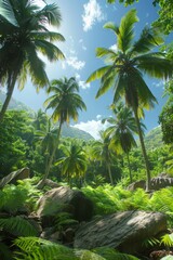 the image captures a serene and lush tropical forest the scene is dominated by towering palm trees