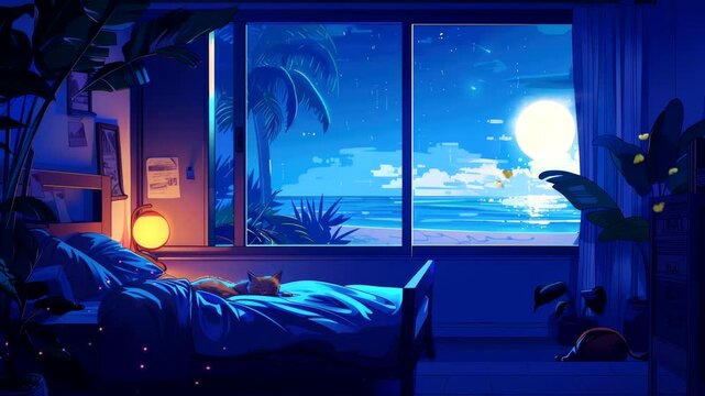 A bedroom with a window overlooking a moonlit ocean and a cat sleeping on the bed.