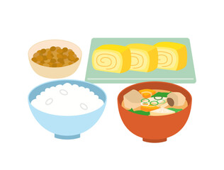味噌汁と玉子焼き・納豆と白米の日本の朝食をイメージしたイラスト