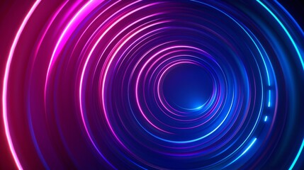 A vibrant abstract background featuring concentric circular lines with neon lights in blue and pink hues.