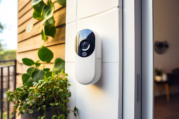 Smart camera mounted on exterior wall with green plants on background. Concept of modern home security technology ensuring safety through advanced surveillance systems, innovative solutions