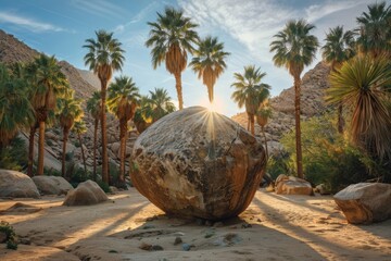 Rocky Desert Pathway with Palm Trees and Sunlight
