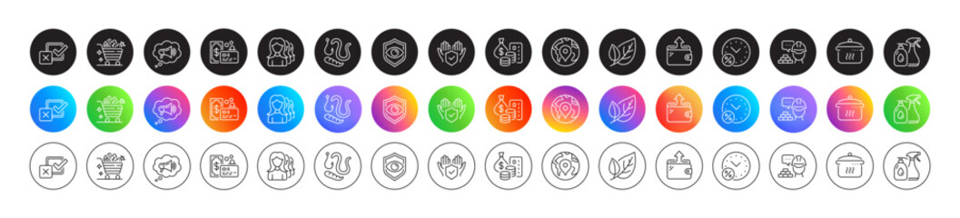 Loan percent, Build and Card line icons. Round icon gradient buttons. Pack of Pin, Wallet, Megaphone icon. Worms, Insurance hand, Women headhunting pictogram. Money, Boiling pan, Checkbox. Vector