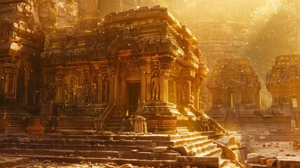 Ancient ruin bathed in golden sunlight, with intricate stone carvings and relics, highlighting its historical and cultural significance 