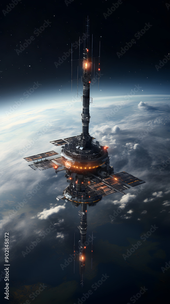 Poster a futuristic space station with a long tower extending into the dark space, reflecting in the clouds