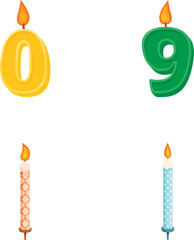 Set of birthday candle numbers 0 and 9 with two decorative candles